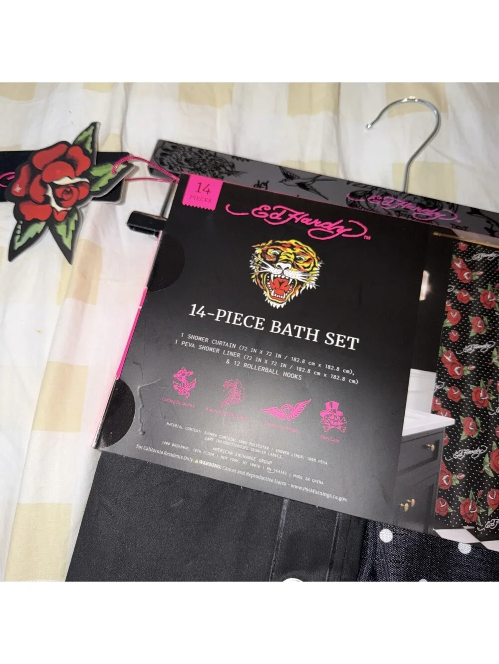 NWT Ed Hardy 14-Piece Shower Curtain Set - Roses & Silver Hooks
